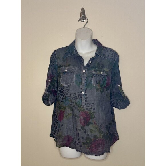 Soft Surroundings Sheer Floral Blouse Roll Tab Sleeves Size S GUC!! - Picture 1 of 3